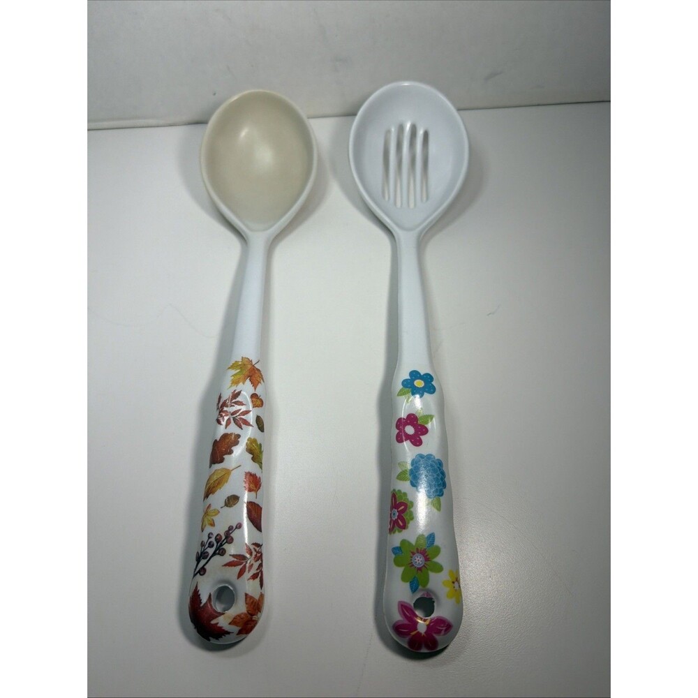 Melamine Ware Large Kitchen Utensil Slotted & Solid Serving Spoon Flower Pattern